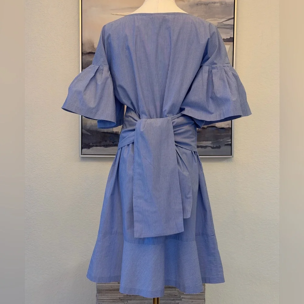 100% cotton Blue White Striped Midi Dress with Flare Sleeves - Picture 10 of 16